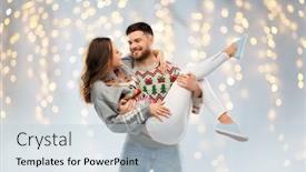  Presentation with ugly christmas sweater - Audience pleasing slide deck consisting of christmas people and holidays concept - happy couple at ugly sweater party over festive lights background backdrop and a lemonade colored foreground
