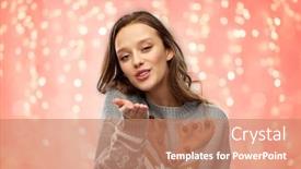  Presentation with ugly christmas sweater - Presentation design having christmas people and holidays concept - happy young woman wearing ugly sweater with reindeer pattern sending air kiss over festive lights on pink coral background background and a coral colored foreground