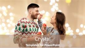  Presentation with ugly christmas sweater - Beautiful theme featuring christmas people and holidays concept - portrait of happy couple at ugly sweater party with cupcakes over festive lights background backdrop and a coral colored foreground