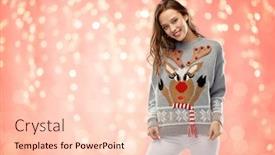 Presentation with ugly christmas sweater - Beautiful slide deck featuring christmas people and holidays concept - happy young woman wearing ugly sweater with reindeer pattern over festive lights on pink coral background backdrop and a lemonade colored foreground