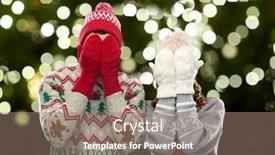  Presentation with christmas holidays - Slide set featuring christmas people and holidays concept - couple in ugly sweaters hats and woolen mittens covering their faces over festive lights on dark green background background and a coral colored foreground