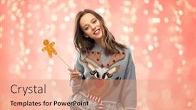  Presentation with ugly christmas sweater - Slide set having christmas people and holidays concept - happy young woman in jumper with reindeer pattern holding gingerbread accessory at ugly sweater party over festive lights on pink coral background background and a coral colored foreground