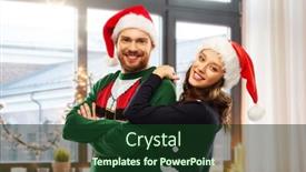  Presentation with ugly christmas sweater - Amazing slide set having christmas people and holidays concept - portrait of happy couple in santa hats at ugly sweater party over home room background backdrop and a tawny brown colored foreground