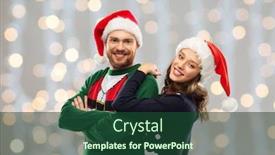  Presentation with ugly christmas sweater - Presentation design enhanced with christmas people and holidays concept - portrait of happy couple in santa hats at ugly sweater party over festive lights background background and a forest green colored foreground