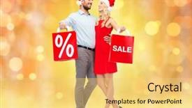  Presentation with christmas sale - Slide deck enhanced with christmas people sale discount and holidays concept - happy couple in santa hats hugging with red shopping bags over lights background background and a yellow colored foreground