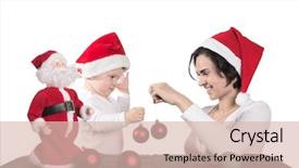  Presentation with baby christmas - Amazing PPT theme having christmas photo baby and mother wearing the santa claus's hat are playing together backdrop and a lemonade colored foreground