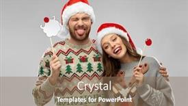  Presentation with christmas holidays - Theme with christmas photo booth and holidays concept - happy couple in ugly sweaters posing with party props background and a coral colored foreground