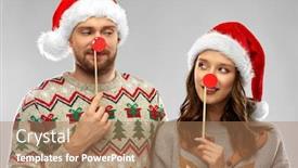  Presentation with christmas holidays - Presentation theme consisting of christmas photo booth and holidays concept - happy couple in ugly sweaters posing with party props background and a coral colored foreground