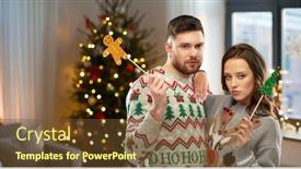  Presentation with christmas holidays - Cool new slide deck with christmas photo booth and holidays concept - gloomy couple in ugly sweaters posing with party props over home room background backdrop and a tawny brown colored foreground