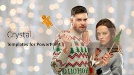  Presentation with christmas holidays - PPT layouts with christmas photo booth and holidays concept - sad couple in ugly sweaters posing with party props over festive lights background background and a soft green colored foreground