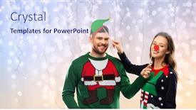  Presentation with christmas holidays - Amazing PPT theme having christmas photo booth and holidays concept - happy couple in ugly sweaters posing with party props over festive lights background backdrop and a sky blue colored foreground