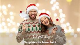  Presentation with christmas holidays - Colorful slide deck enhanced with christmas photo booth and holidays concept - happy couple in ugly sweaters posing with party props over festive lights background backdrop and a coral colored foreground