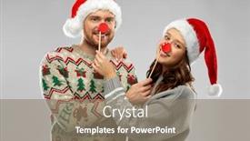  Presentation with christmas party - Slide deck enhanced with christmas photo booth and holidays concept - happy couple in ugly sweaters posing with party props background and a gray colored foreground