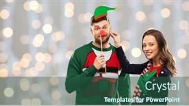 Presentation with party lights - PPT theme enhanced with christmas photo booth and holidays concept - happy couple in ugly sweaters posing with party props over festive lights background background and a ocean colored foreground