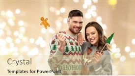  Presentation with party lights - Presentation theme featuring christmas photo booth and holidays concept - happy couple in ugly sweaters posing with party props over festive lights background background and a lemonade colored foreground