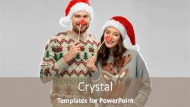  Presentation with christmas holidays - Colorful presentation theme enhanced with christmas photo booth and holidays concept - happy couple in ugly sweaters posing with party props backdrop and a coral colored foreground