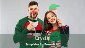  Presentation with christmas holidays - Presentation design enhanced with christmas photo booth and holidays concept - happy couple in ugly sweaters posing with party props background and a ocean colored foreground