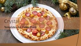  Presentation with wood board - Slide set with christmas-pizza-on-the-wood background and a coral colored foreground