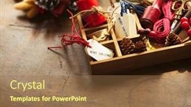  Presentation with vintage christmas - Audience pleasing presentation theme consisting of christmas preparation scene wooden tray with ribbons and christmas tags on an old wooden table with vintage feel backdrop and a tawny brown colored foreground