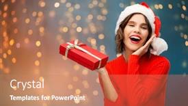  Presentation with christmas presents - Amazing presentation theme having christmas presents and holidays concept - happy smiling young woman in santa helper hat with red gift box over festive lights background backdrop and a coral colored foreground