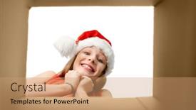  Presentation with christmas presents - Amazing presentation design having christmas presents and surprise concept - happy amazed girl in santa hat looking into gift box backdrop and a coral colored foreground