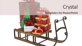  Presentation with christmas blank wooden signboard - Presentation theme enhanced with christmas presents on wooden sleigh on white background background and a lemonade colored foreground