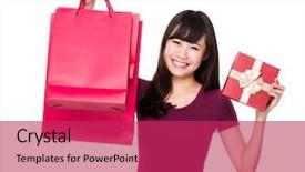  Presentation with paper bag vs plastic bags - Audience pleasing theme consisting of christmas prize - asian woman hold with paper backdrop and a  colored foreground