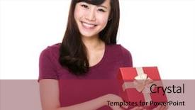  Presentation with boxing woman and a tawny - Beautiful theme featuring christmas prize - asian woman hold with present backdrop and a violet colored foreground
