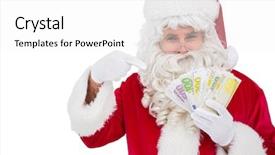  Presentation with prize - PPT theme consisting of christmas prize - santa claus pointing his cash background and a white colored foreground