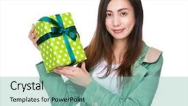  Presentation with show - Cool new PPT layouts with christmas prize - young woman show with present backdrop and a seafoam green colored foreground