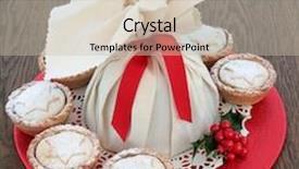  Presentation with pies - PPT theme enhanced with christmas pudding in a muslin bag with mince pies and holly over oak background background and a mint green colored foreground