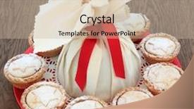  Presentation with pies - Audience pleasing slide deck consisting of christmas pudding in a muslin bag with mince pies over oak background backdrop and a soft green colored foreground