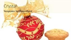  Presentation with red gold white - PPT layouts with christmas red bauble with sparkling decoration and gold ribbon and bow with mince pie isolated over white background background and a blonde colored foreground