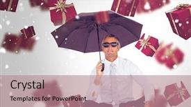 Presentation with white snow - Beautiful theme featuring christmas safety - businessman holding umbrella while sitting backdrop and a coral colored foreground