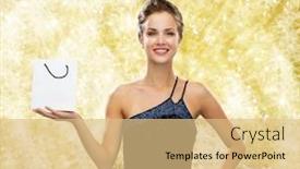  Presentation with christmas sale - Presentation theme featuring christmas sale advertisement holydays and people concept - smiling woman with white blank shopping bag over yellow lights background background and a coral colored foreground