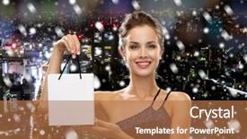  Presentation with christmas sale - Cool new PPT theme with christmas sale advertisement holydays and people concept - smiling woman with white blank shopping bag over snowy night city background backdrop and a coral colored foreground