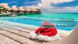  Presentation with tropical christmas - PPT layouts featuring christmas santa claus luxury vacation gift hotel holidays - hat by the infinity swim pool of high end resort for tropical sun vacation getaway during winter holiday overwater bungalows villas background and a teal colored foreground