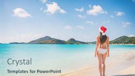  Presentation with christmas bikini - Colorful presentation enhanced with christmas santa hat asian girl happy relaxing walkin on winter south holidays caribbean beach bikini girl on travel vacation beautiful tropical swimwear model on cruise holiday backdrop and a light blue colored foreground