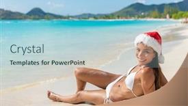  Presentation with christmas bikini - Presentation theme having christmas santa hat asian girl happy relaxing sunbathing on beach smiling bikini girl on caribbean travel vacation holidays beautiful tropical swimwear model sun tanning on cruise holiday background and a light blue colored foreground