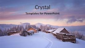  Presentation with winter scene - Theme consisting of christmas scene - mountain landscape with wooden villages background and a teal colored foreground