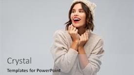  Presentation with young happy people smiling - PPT theme featuring christmas season and people concept - happy smiling young woman in knitted winter hat and sweater over grey background background and a light gray colored foreground