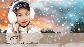  Presentation with forest winter - Cool new theme with christmas season and people concept - happy little girl wearing earmuffs over winter forest background backdrop and a coral colored foreground