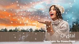  Presentation with kiss - PPT theme enhanced with christmas season and people concept - happy smiling young woman in knitted hat and sweater sending air kiss over winter forest and snow background background and a coral colored foreground