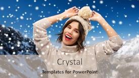  Presentation with young happy people smiling - Slide set enhanced with christmas season and people concept - happy smiling young woman in knitted winter hat and sweater over snow and alps mountains background background and a soft green colored foreground
