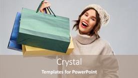  Presentation with christmas sale - Slide set enhanced with christmas seasonal sale and consumerism concept - happy smiling young woman in knitted winter hat and sweater with shopping bags over grey background background and a coral colored foreground