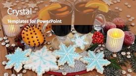  Presentation with apple wine - Presentation design enhanced with christmas snowflake gingerbread cookies mulled wine orange pomanders and frosted apple decorations with candles holly and winter greenery over oak background background and a coral colored foreground