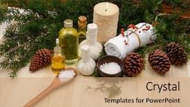  Presentation with spa - Colorful slides enhanced with christmas spa set on wooden backdrop and a coral colored foreground