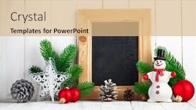  Presentation with snowman - Presentation design with christmas still life with snowman and firtree on wooden board illustration background and a coral colored foreground