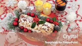  Presentation with silver snowflakes - Presentation featuring christmas still life with stollen cake mulled wine candles holly fir silver red and white bauble decorations and glitter snowflakes on an oak table background and a coral colored foreground