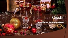  Presentation with mulled wine - PPT theme with christmas still life with two latte mug hot drink and wine bottle warming mulled wine with cookie in form of house and christmas ball on christmas ribbon background and a tawny brown colored foreground